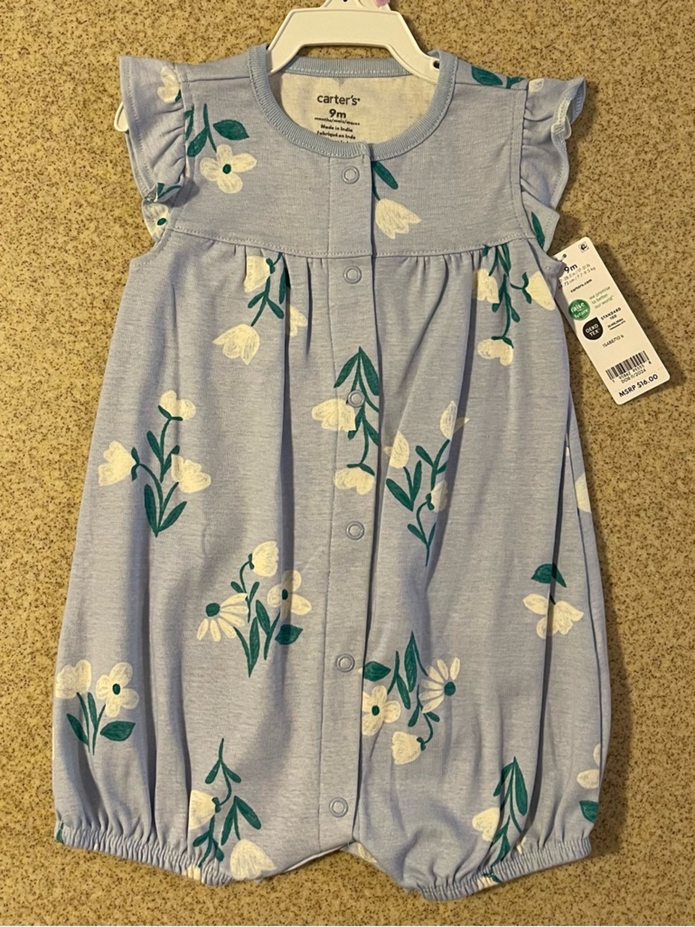 Carter's Light Blue Floral Snap Romper with Flutter Sleeves